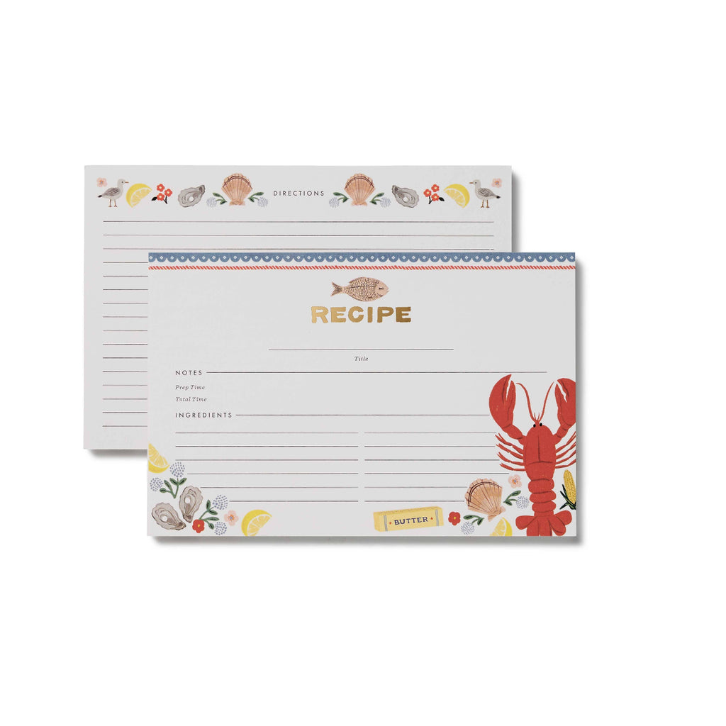 Two recipe cards with a lobster design on a white background