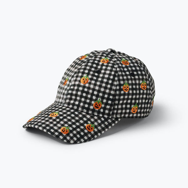 Black and white checkered cap with Halloween-themed pumpkins on a white background