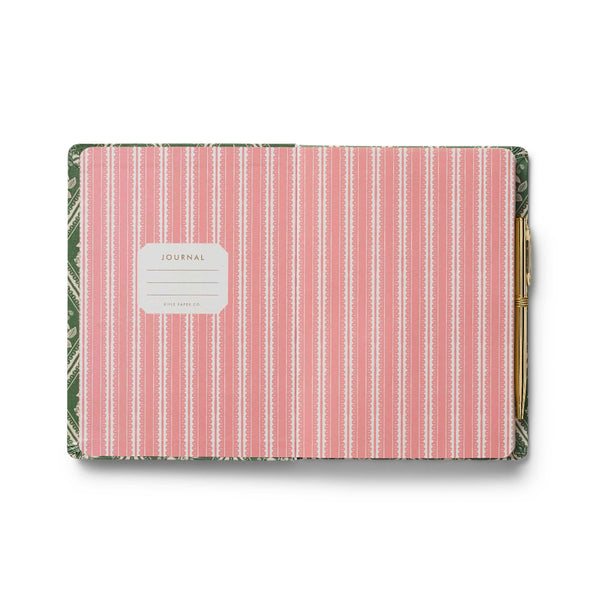 Journal with pink and white striped cover on a white background