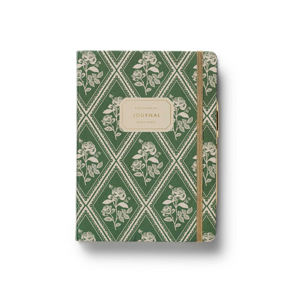 Journal with green floral pattern on a white background