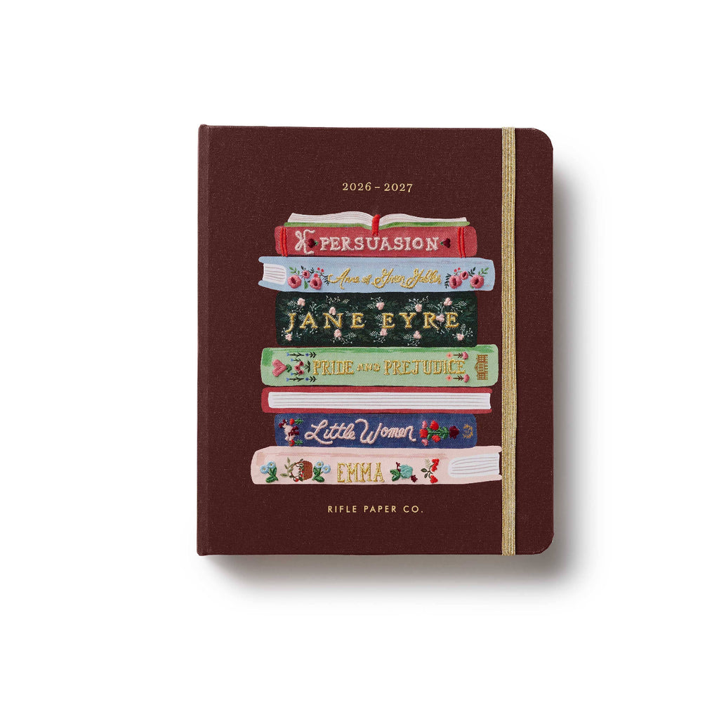 Brown notebook with book illustrations and text on a white background