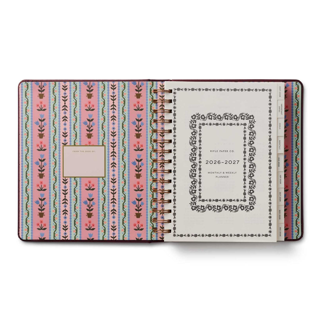 Patterned planner with a visible brand label on a white background