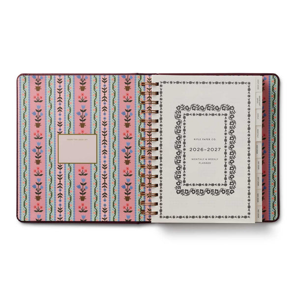 Patterned planner with a visible brand label on a white background