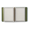 Open notebook with green cover on a white background