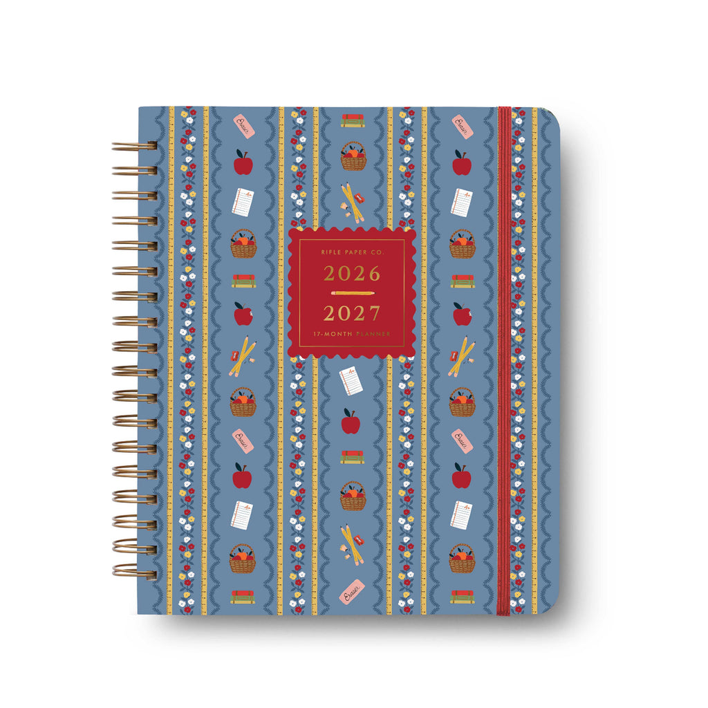 2026-2027 planner with colorful striped design on a white background