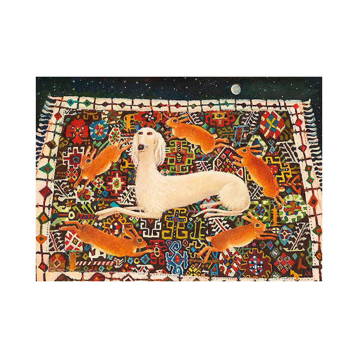 Decorative rug with a white dog and orange foxes on a colorful geometric patterned background.