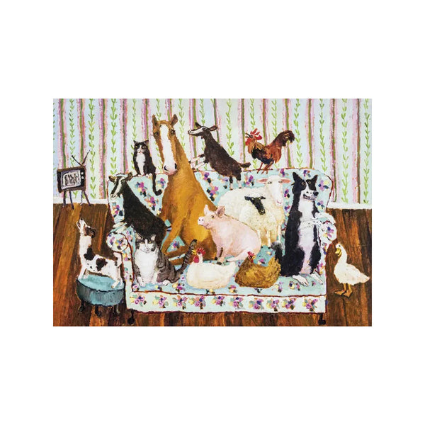 Illustration of various animals on a couch with a floral patterned blanket.