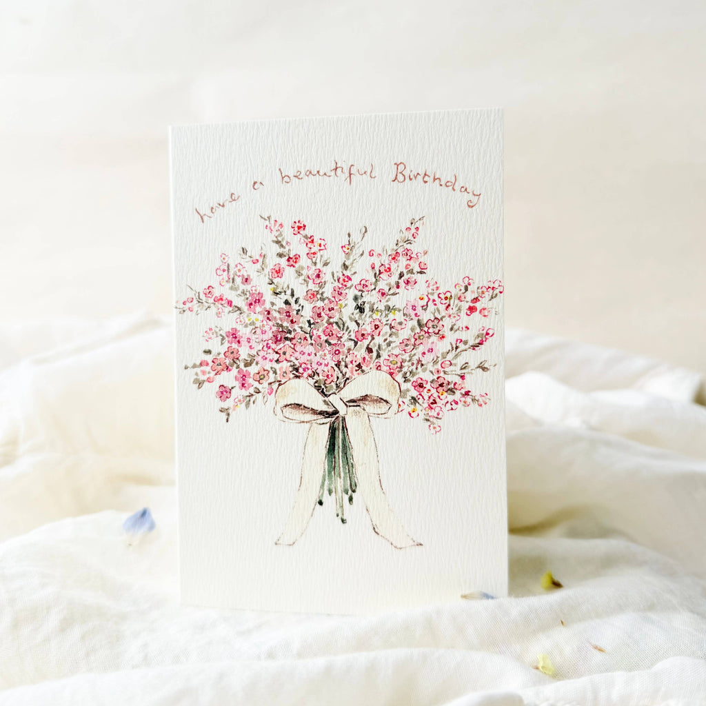 Greeting card with pink floral design and 'Have a beautiful birthday' text on a white background.