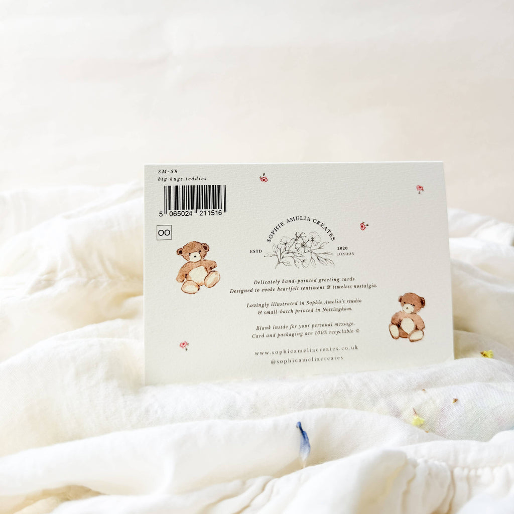 Product packaging with teddy bear illustration on a white blanket