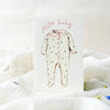 Card with a baby onesie illustration and 'Hello Baby' text on a white background