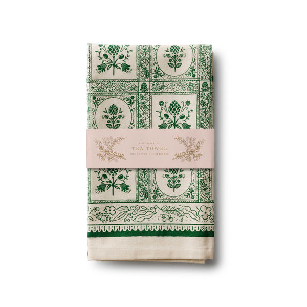 Pack of tea towels with green floral pattern on a white background