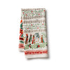 Set of two Christmas-themed kitchen towels with musical notes and nativity scene design on a white background.