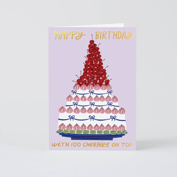 Birthday card with cherry-themed cake illustration on a white background