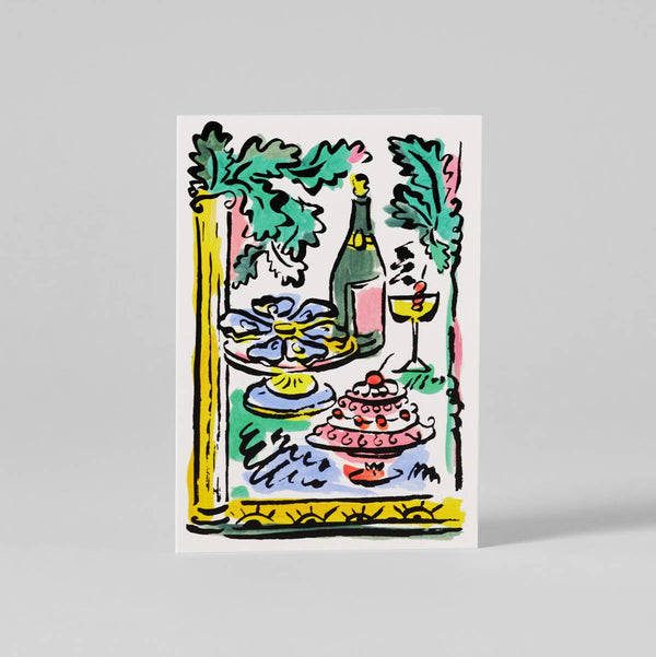 Colorful illustration of a table setting with a bottle, glasses, and food on a white background