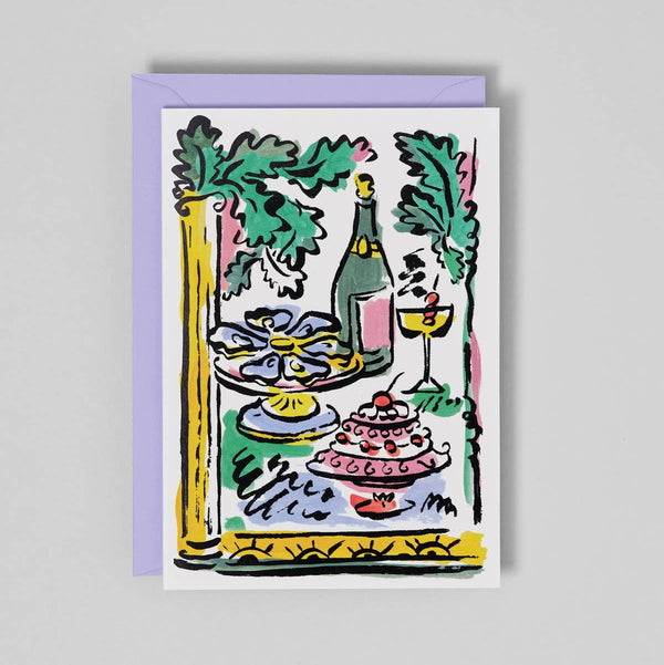 Greeting card with a colorful illustration of a table setting on a gray background