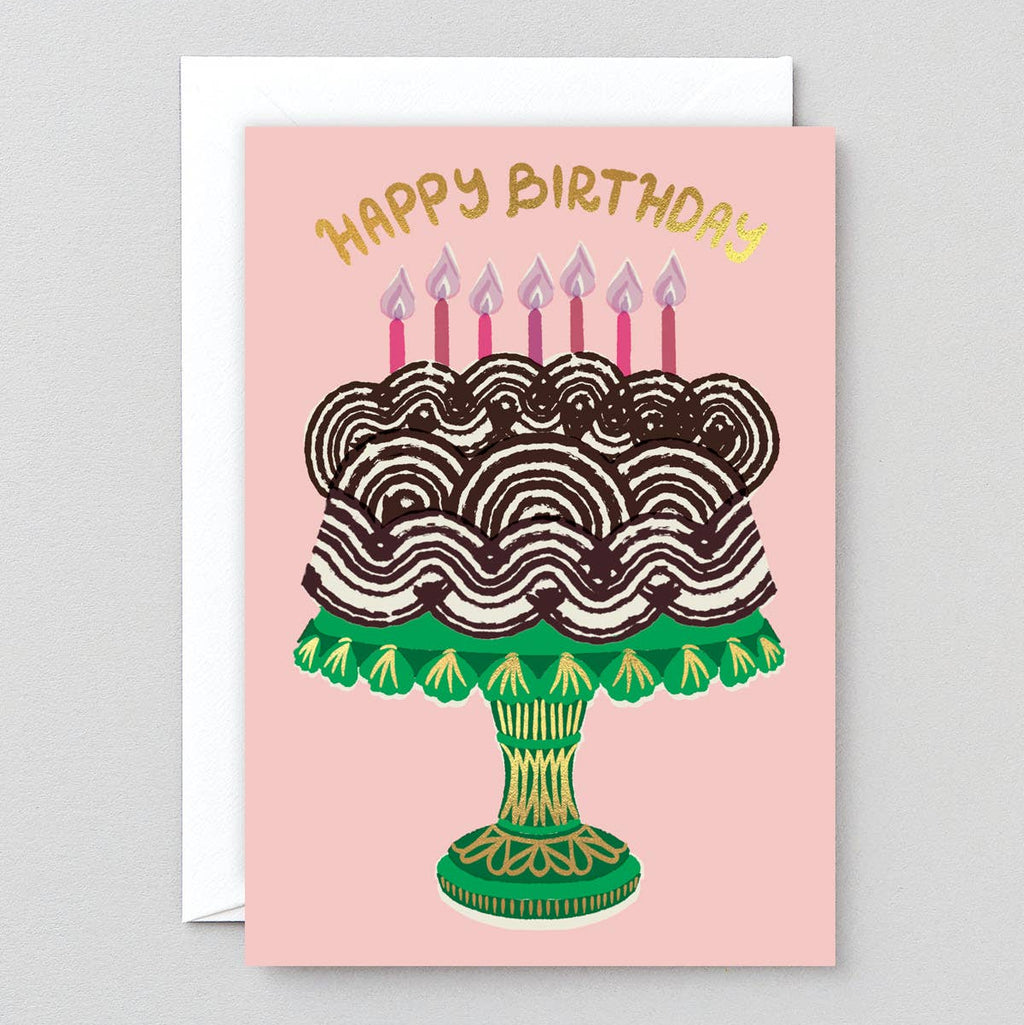 Birthday card with a cake illustration and 'Happy Birthday' text on a pink background