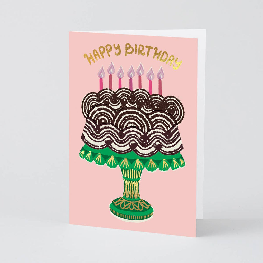 Birthday card with a cake illustration and 'Happy Birthday' text on a pink background