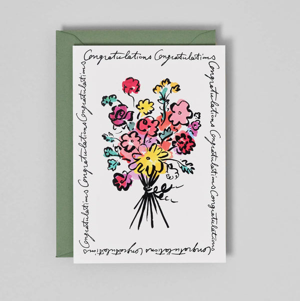 Greeting card with floral design and 'Congratulations' text on a gray background