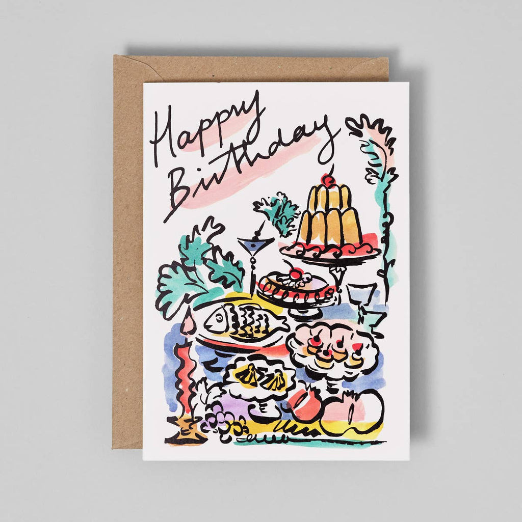 Birthday card with cake illustration on a gray background