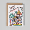 Birthday card with cake illustration on a gray background