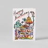Birthday card with colorful illustrations of a cake and party elements on a white background