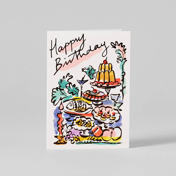 Birthday card with colorful illustrations of a cake and party elements on a white background