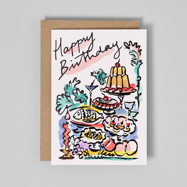Birthday card with cake illustration on a gray background