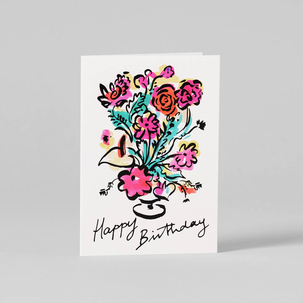 Greeting card with colorful floral design and 'Happy Birthday' text on a white background