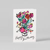 Greeting card with colorful floral design and 'Happy Birthday' text on a white background
