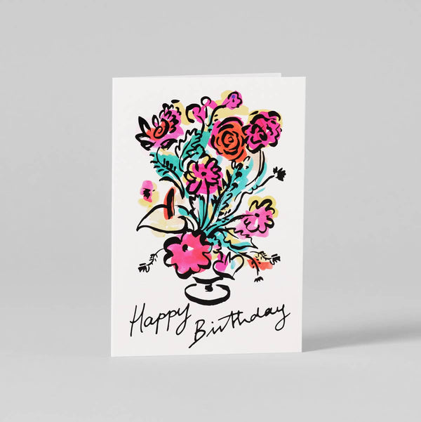 Greeting card with colorful floral design and 'Happy Birthday' text on a white background