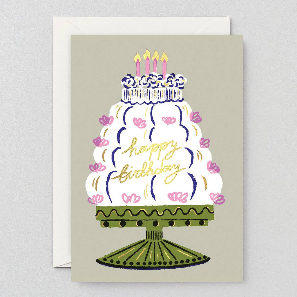 Greeting card with a birthday cake illustration on a beige background