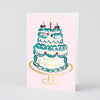 Greeting card with a birthday cake illustration on a light pink background