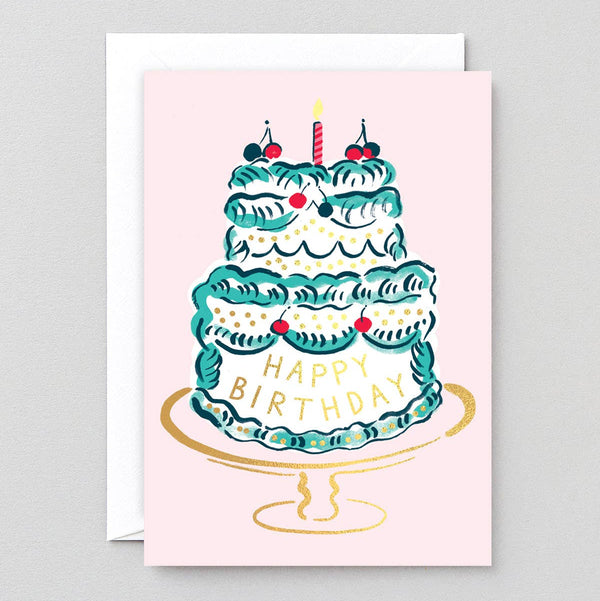 Greeting card with a birthday cake illustration on a gray background