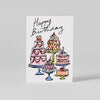 Greeting card with illustrations of birthday cakes and 'Happy Birthday' text on a white background.