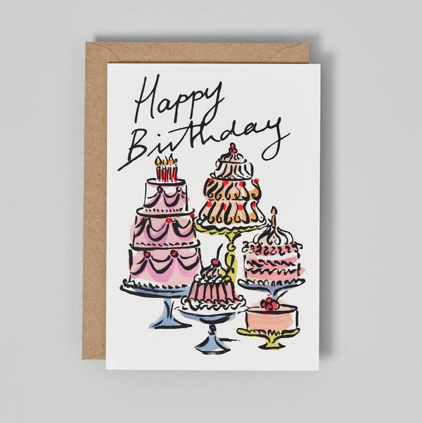 Birthday card with illustrations of cakes and 'Happy Birthday' text on a gray background