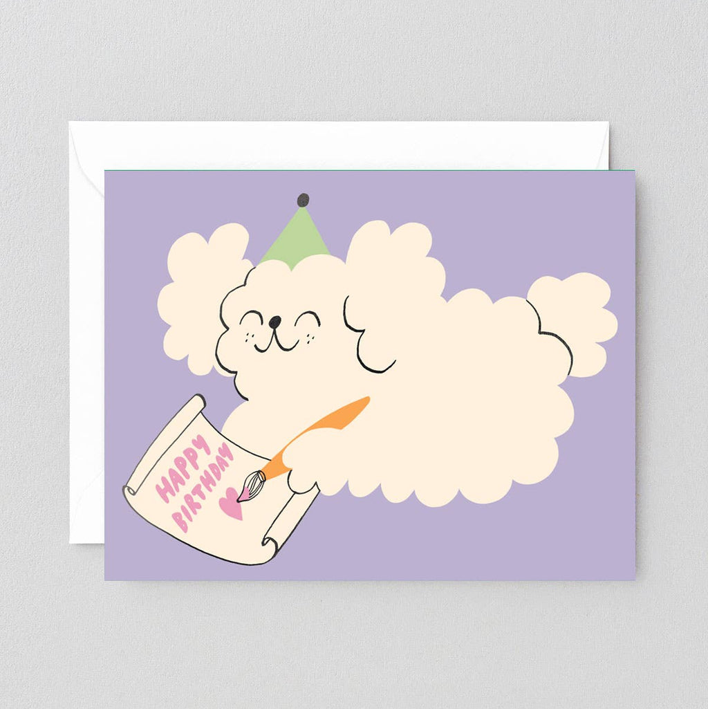 Greeting card with a cloud character holding a birthday scroll on a purple background