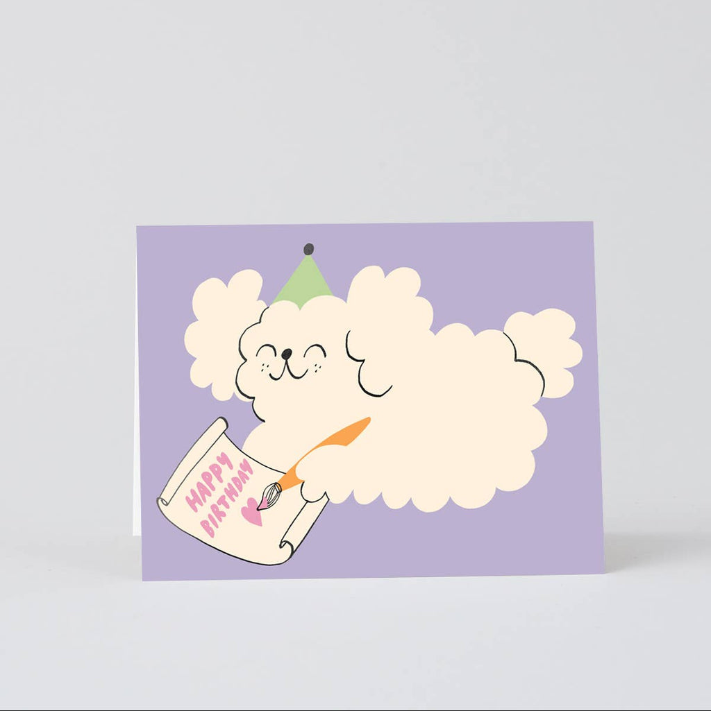 Greeting card with a cloud character holding a 'Happy Birthday' sign on a purple background