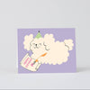 Greeting card with a cloud character holding a 'Happy Birthday' sign on a purple background
