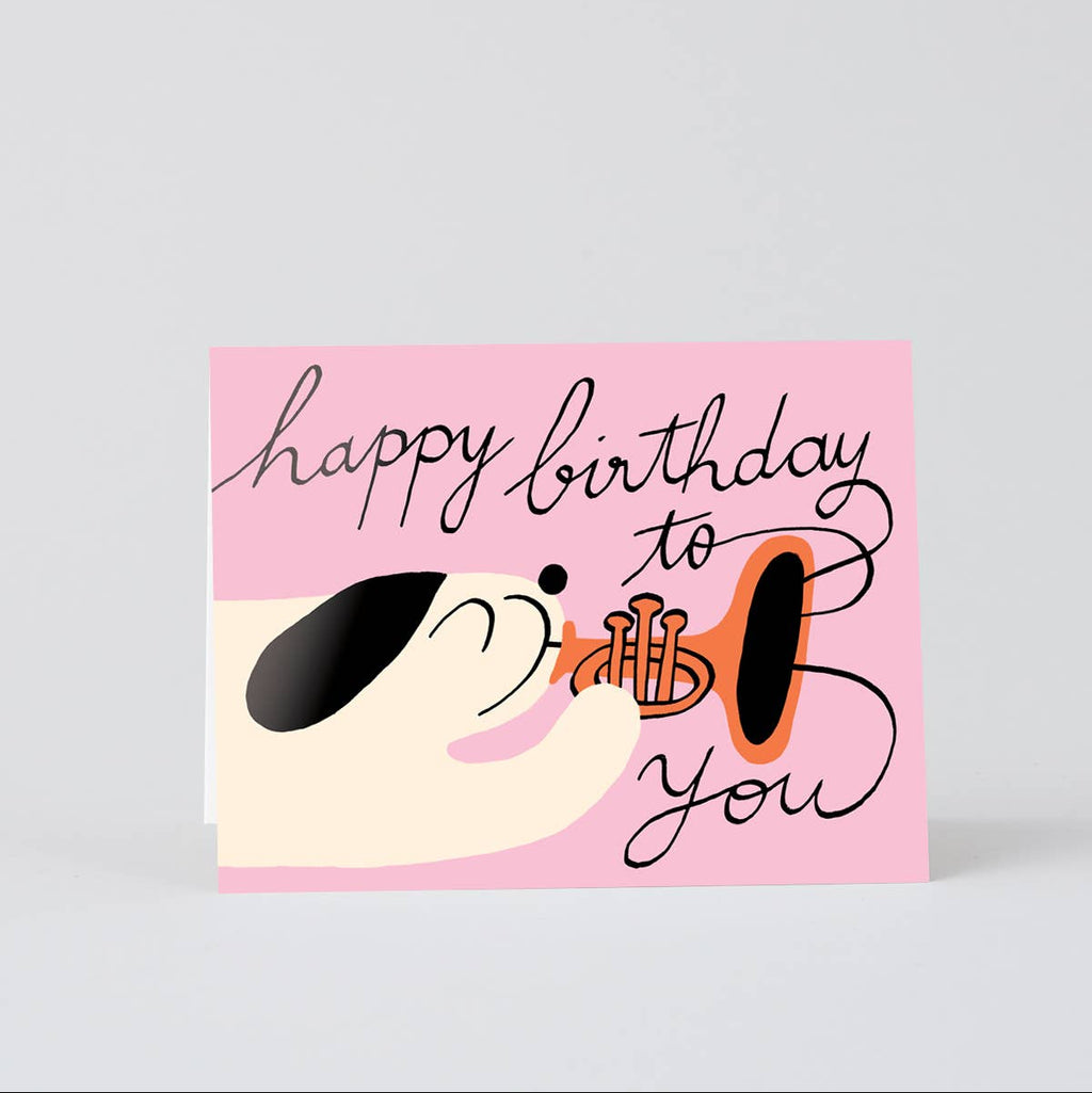Birthday card with a dog illustration and 'Happy Birthday to you' text on a pink background