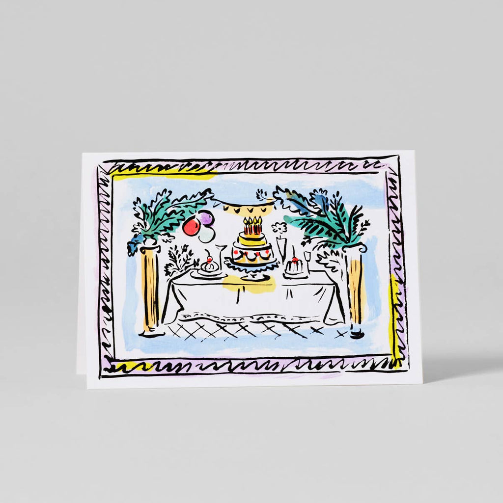 Illustrated card with a table setting and cake on a gray background
