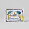 Illustrated card with a table setting and cake on a gray background