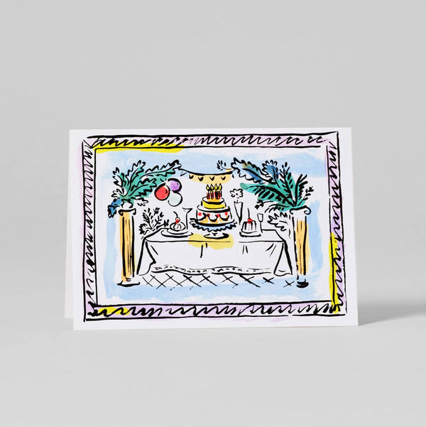 Illustrated card with a table setting and cake on a gray background
