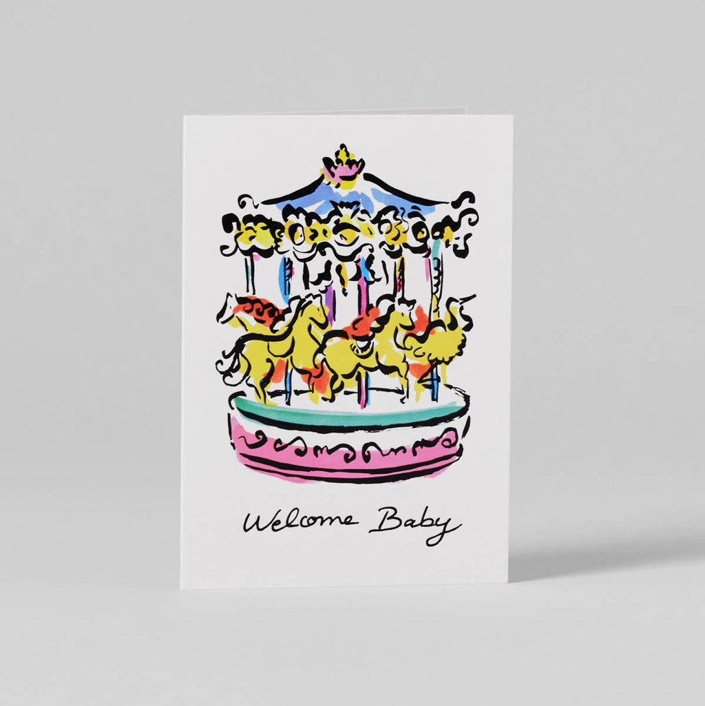 Colorful carousel illustration with 'Welcome Baby' text on a white background