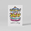 Colorful carousel illustration with 'Welcome Baby' text on a white background
