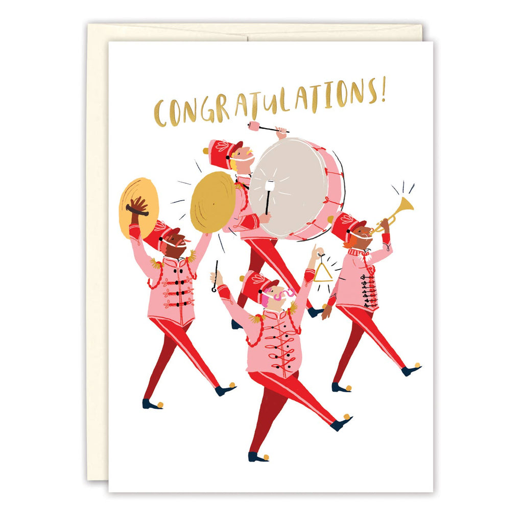 Card with marching band illustration and 'Congratulations!' text on a white background