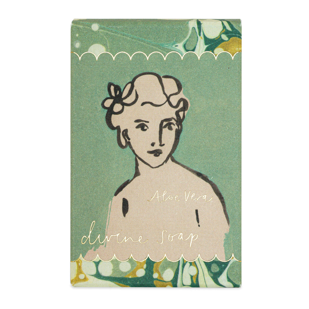 Soap packaging with vintage-style illustration of a woman on a green background