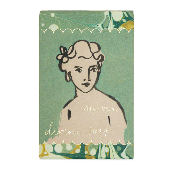 Soap packaging with vintage-style illustration of a woman on a green background