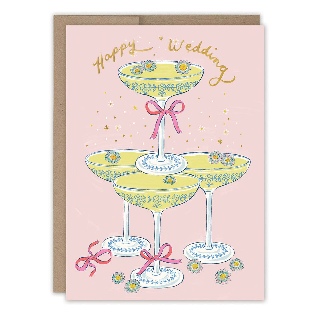 Greeting card with three yellow cocktail glasses and pink ribbons on a pink background, featuring the text 'Happy Wedding'.
