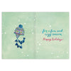 Holiday card with a floral hat and birds on a light green background