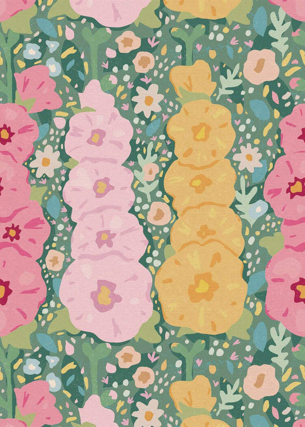 Colorful floral pattern with pink, yellow, and green flowers on a dark green background